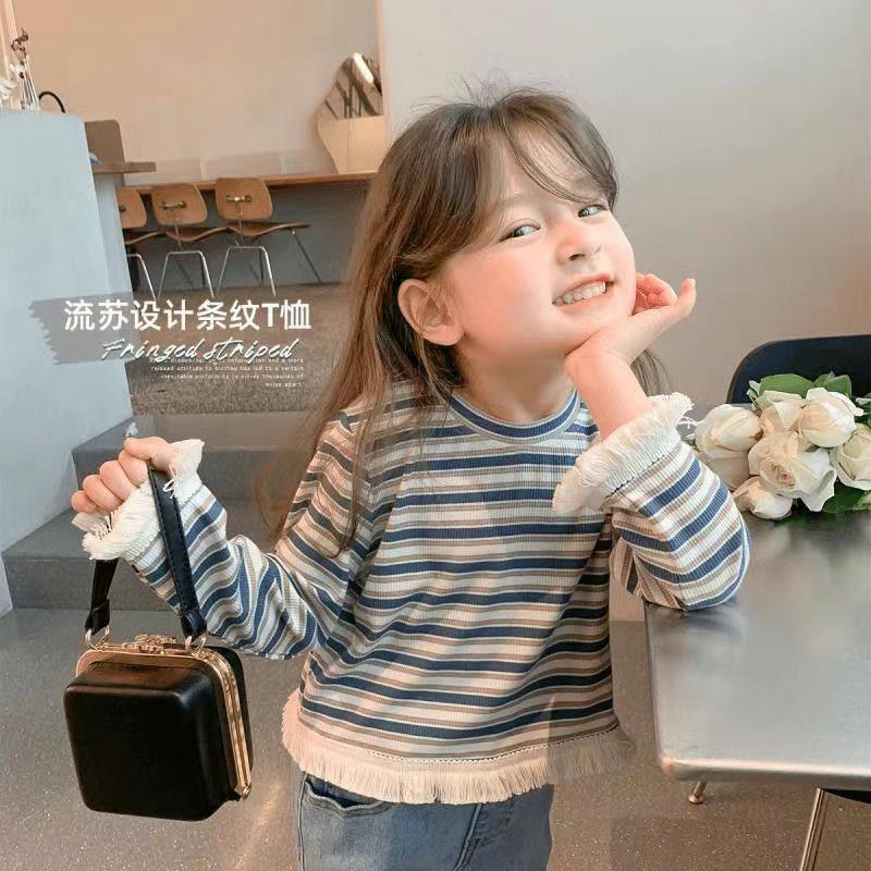 2024秋季新款童装条纹长袖女宝宝T恤袖口下摆流苏设计百搭女童T恤