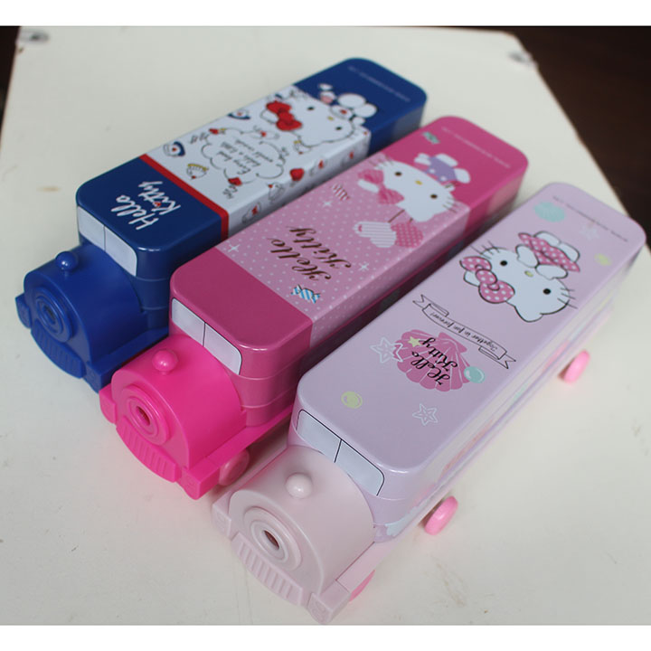 正品迪士尼火车头削笔器铁笔盒卡通可爱米奇削铅笔盒kitty文具盒