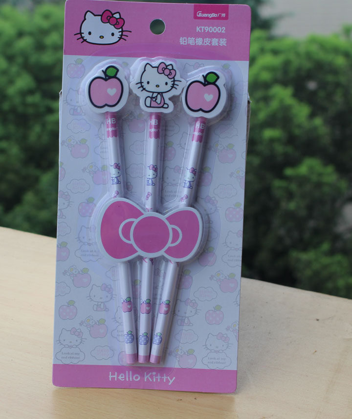 包邮正品hello kitty铅笔橡皮套装儿童幼儿园kt铅笔凯蒂猫3支装