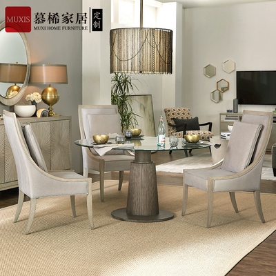 轻奢风钢化玻璃面实木雕刻圆餐桌