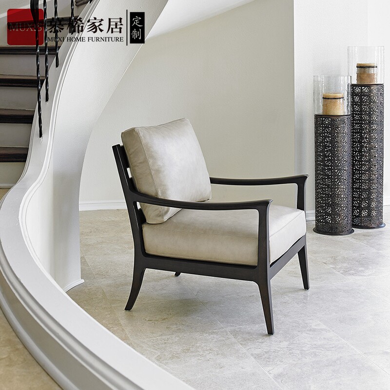 轻奢美式实木单人沙发椅别墅新中式真皮休闲椅软包扶手洽谈椅定制