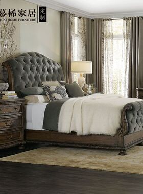 Hooker 美式乡村实木床别墅主卧雪橇床1.8米布艺软包皇帝床成人床
