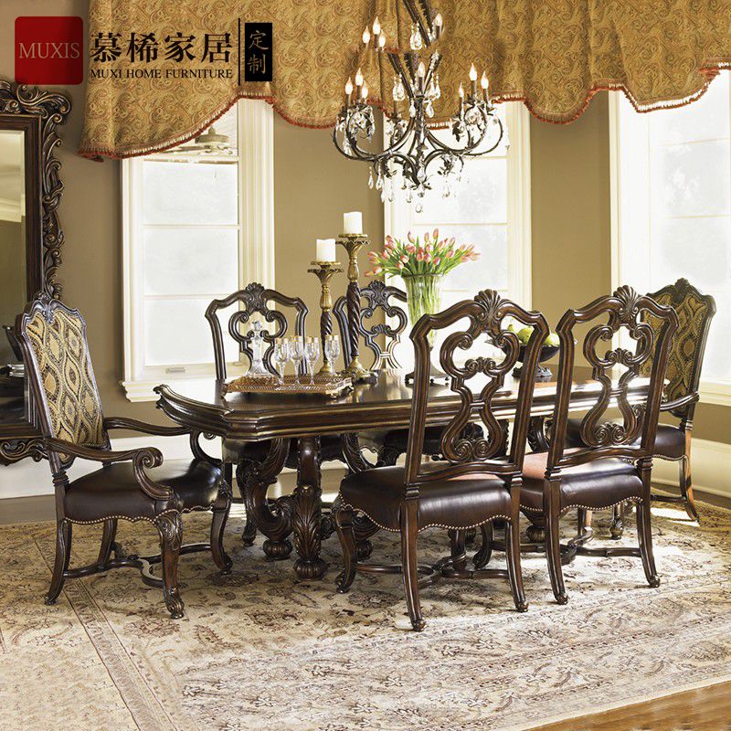 美式全实木雕花别墅宴会桌定制