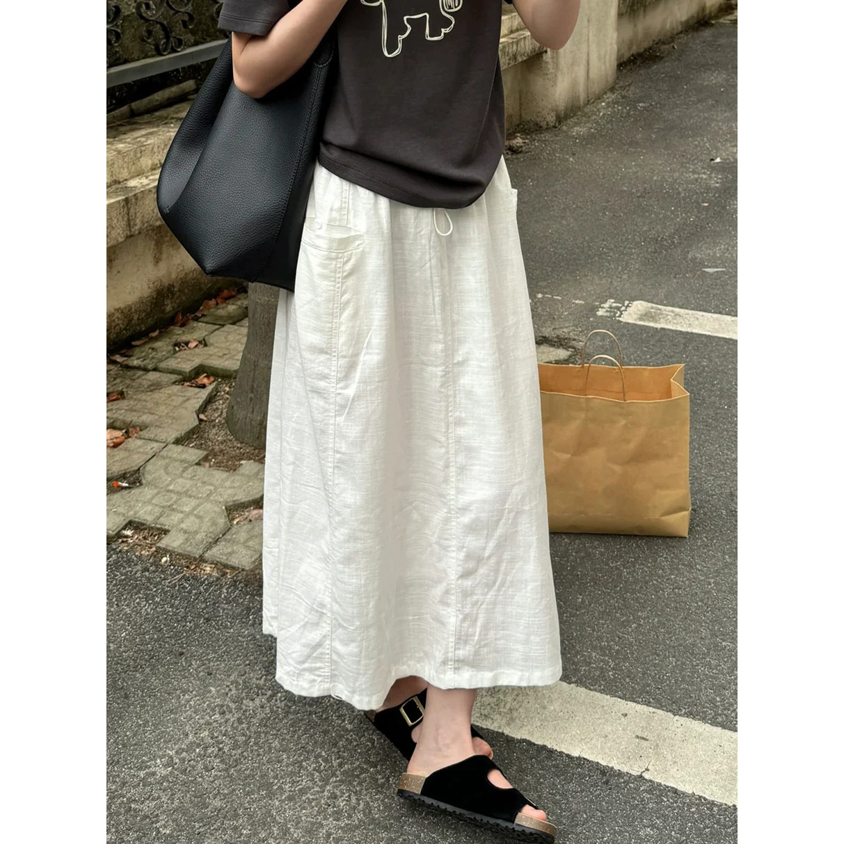 韩婷l白色棉麻工装裙夏季新款大码胖mm宽松显瘦直筒半身裙中长款