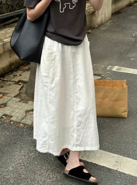 韩婷l白色棉麻工装裙夏季新款大码胖mm宽松显瘦直筒半身裙中长款