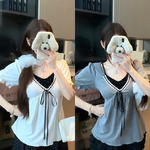 韩婷l夏装新款胖mm大码女纯欲辣妹风v领假两件短袖小衫上衣