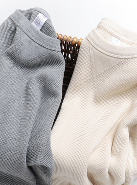 315g咔叽重磅纯棉华夫布圆领长袖T恤男 美式复古厚实宽松打底衫春