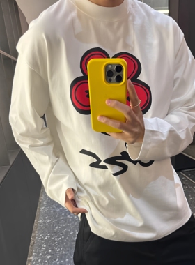 【陈发财】FA CAI秋冬款海棠花印花设计款小领口长袖T恤男女同款