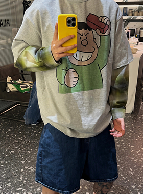 【陈发财】FACAI秋冬新款假两件拼接长袖T恤男女同款情侣款小领口