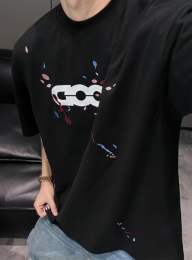 【陈发财】FA CAI新款重磅小领口彩色泼墨刺绣宽松短袖T恤情侣款