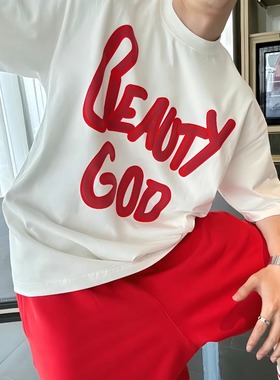 【陈发财】FA CAI手绘爱心潮红色字母印花宽松百搭小领口T恤短袖