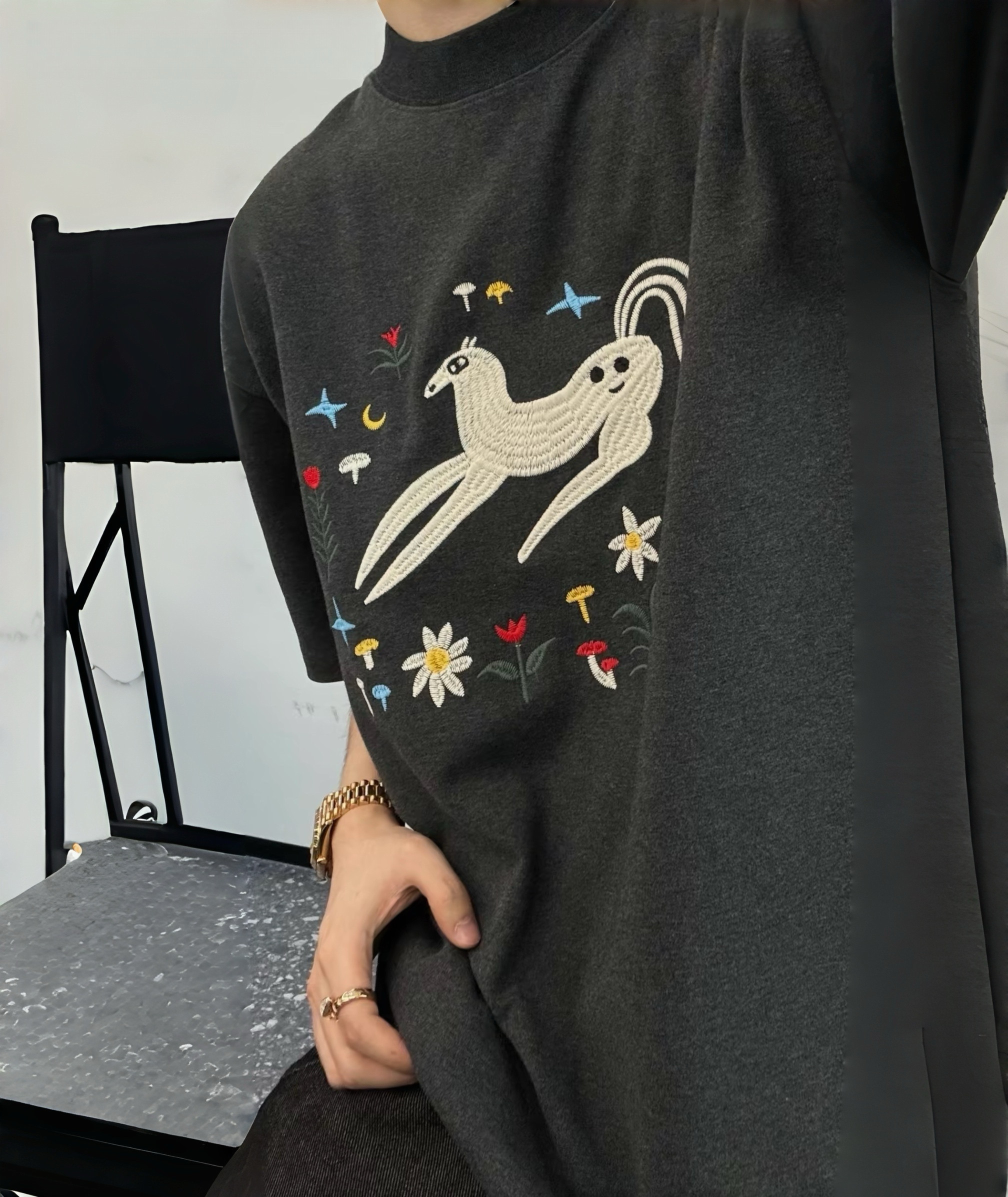 【陈发财】FACAI夏季新款一鹿生花刺绣小领口短袖T恤男女宽松上衣,男装,T恤,淘宝优惠券,粉丝福利购,淘宝优惠卷