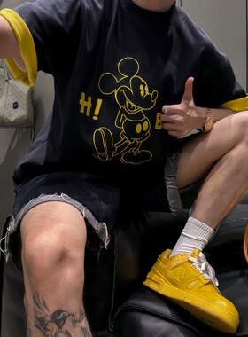 【陈发财】FA CAI米奇BOY新款撞色刺绣工艺T恤情侣百搭小领口短袖