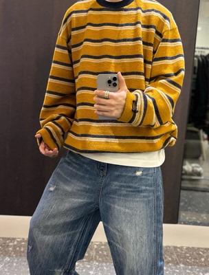 【陈发财】FA CAI秋冬新款大麦岛条纹针织针织条纹男女情侣款卫衣