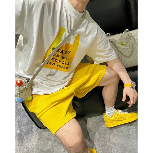【陈发财】FA CAI新款黄色手提袋ins风百搭短袖男女同款小领口T恤