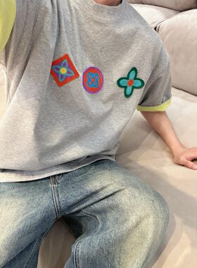 【陈发财】FA CAI夏季新款植绒图案双色T恤松弛感百搭圆领短袖T