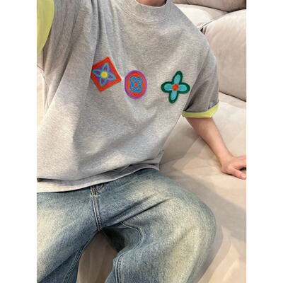 【陈发财】FA CAI夏季新款植绒图案双色T恤松弛感百搭圆领短袖T