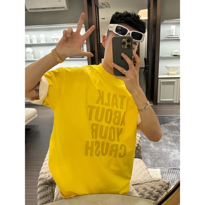 【陈发财】FA CAI小领口黄色短袖T恤夏季新款美式复古小众潮牌宽