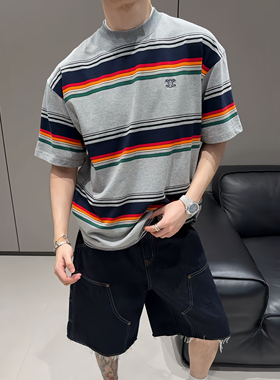 【陈发财】FA CAI25s新款彩色条纹小领口圆领短袖T恤男女款情侣款