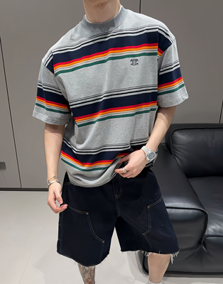 【陈发财】FA CAI25s新款彩色条纹小领口圆领短袖T恤男女款情侣款