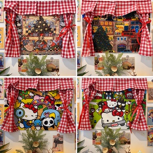 可爱卡通新年圣诞节氛围挂布魔术贴帘子遮挡挂画窗帘装饰布免打孔