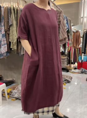雪蓝杉棉麻宽松女装连衣裙加肥加大码中老年长裙圆领中袖休闲气质