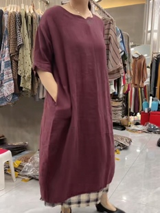 雪蓝杉棉麻宽松女装连衣裙加肥加大码中老年长裙圆领中袖休闲气质