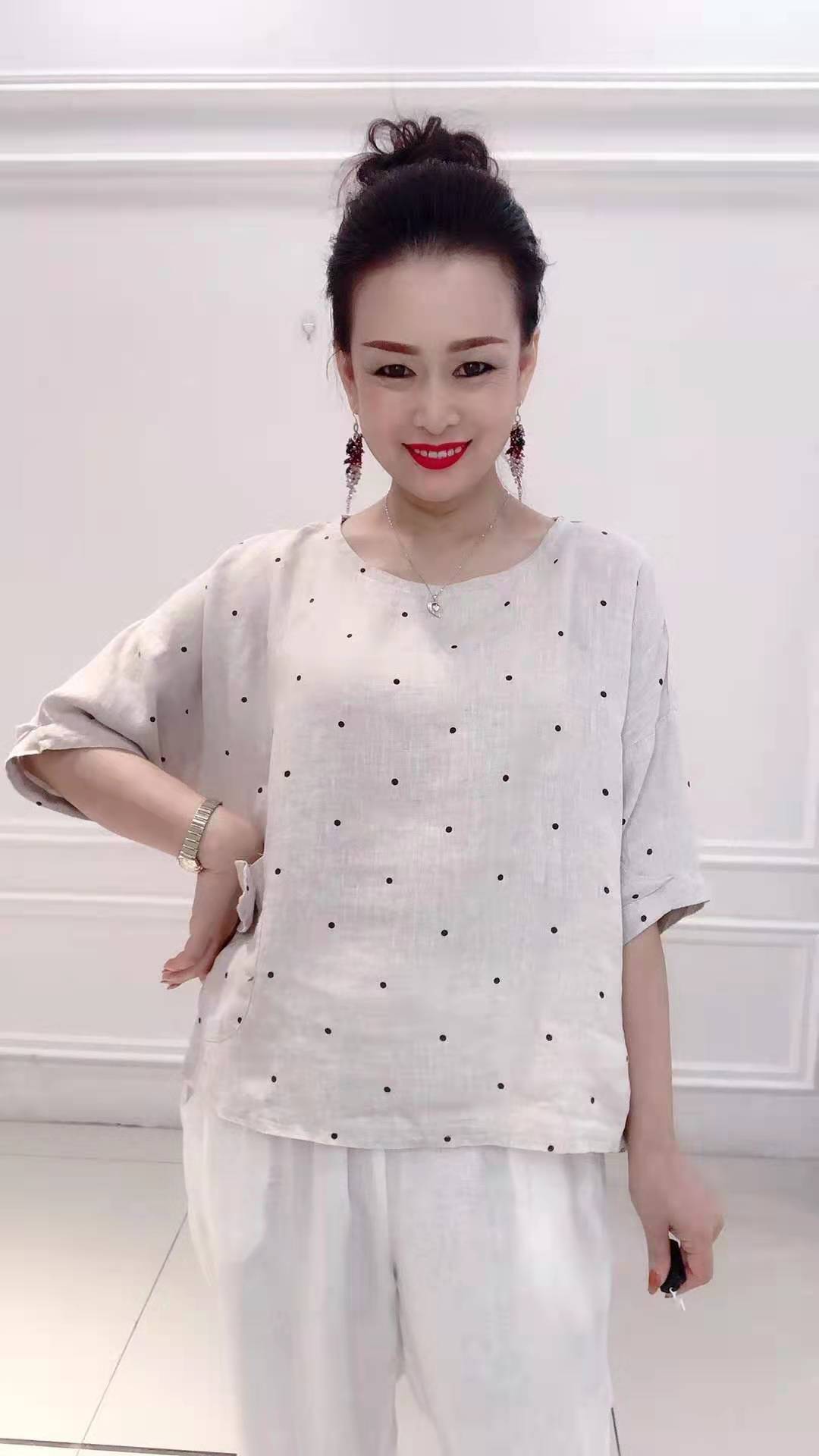 9136雪蓝杉棉麻t恤短袖圆领白底黑点宽松纯色夏季新款女装正品