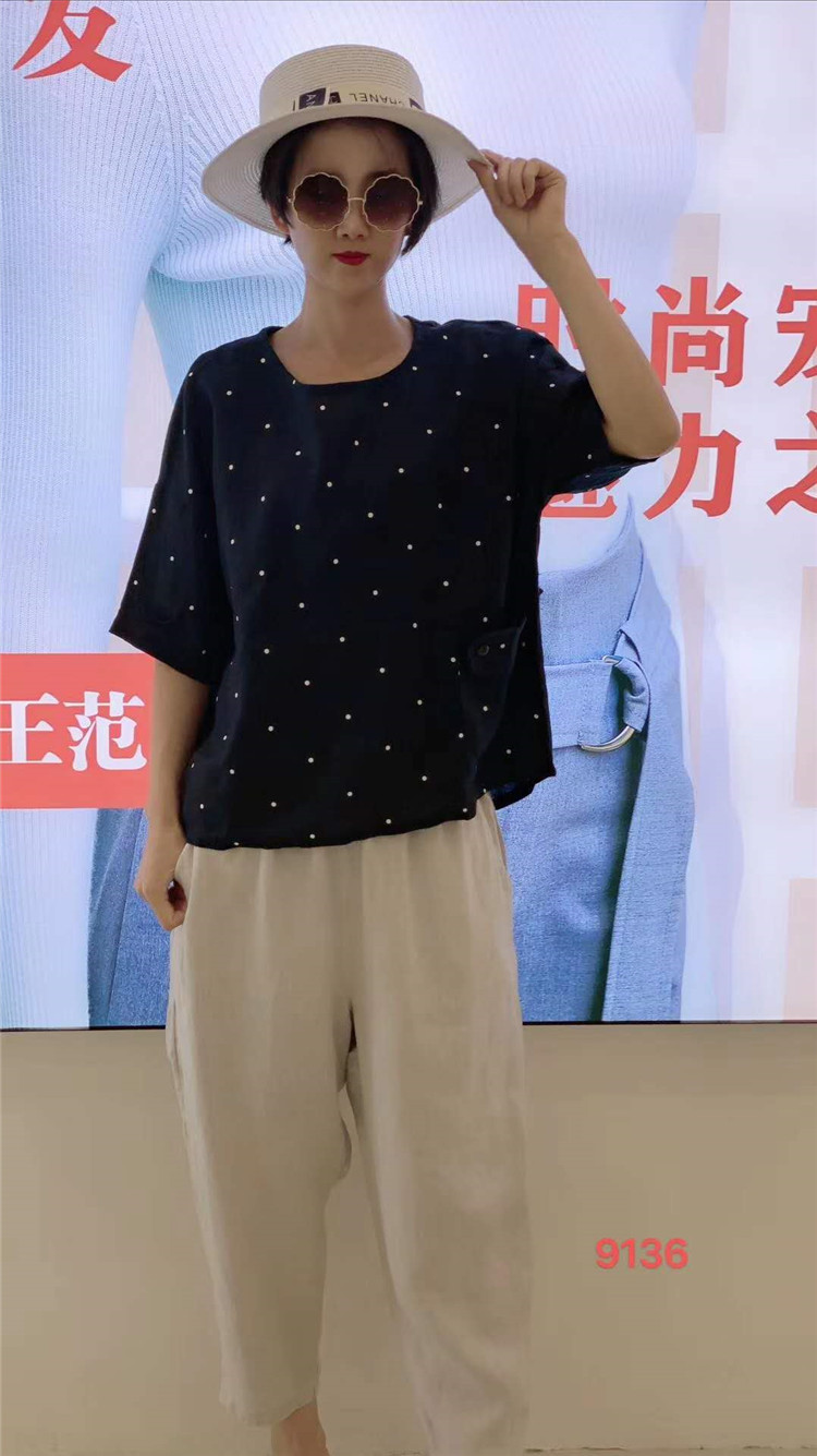 9136雪蓝杉棉麻宽松t恤夏季新款黑底白点白底黑点儿短袖上衣女装