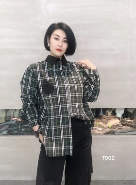 T002雪蓝杉棉麻新款正品女装长袖黑色领polo格子衬衣口袋打底秋季