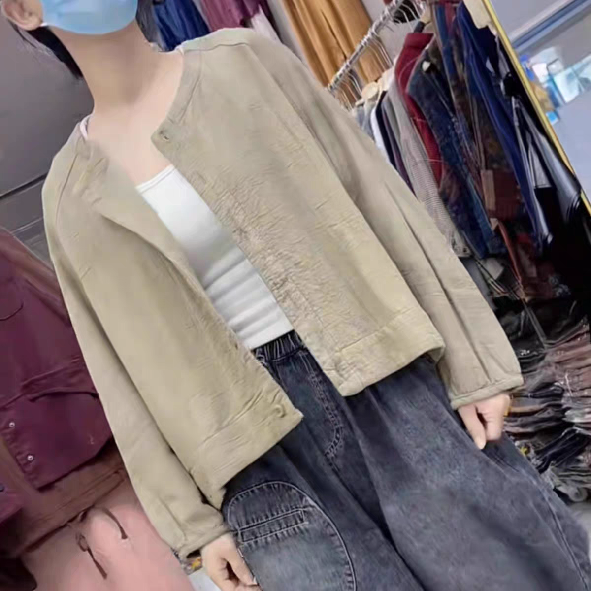 雪蓝杉棉麻2024秋新款韩版宽松大码休闲百搭纯色圆领长袖短外套女