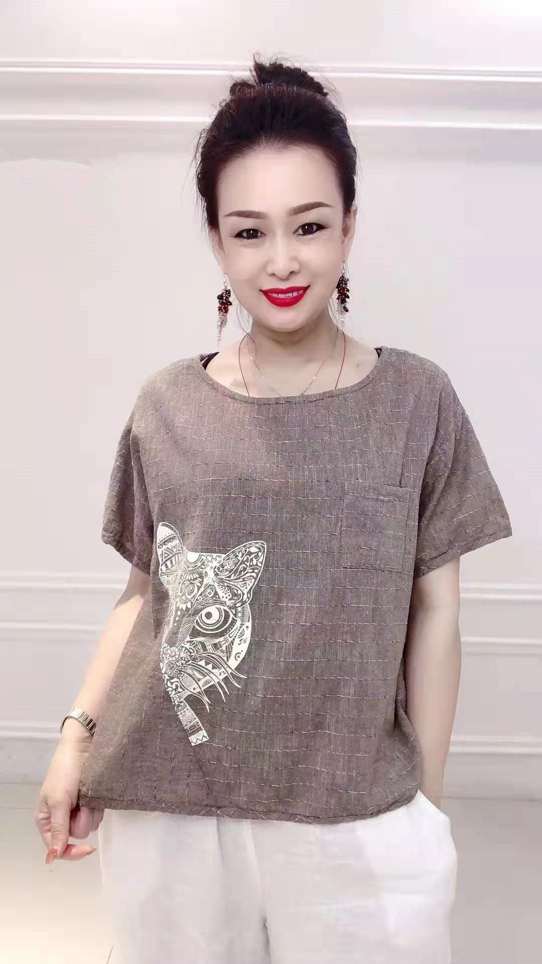 6143雪蓝杉棉麻宽松圆领妈妈装夏季上衣t恤衫小猫灰白黑圆领短袖
