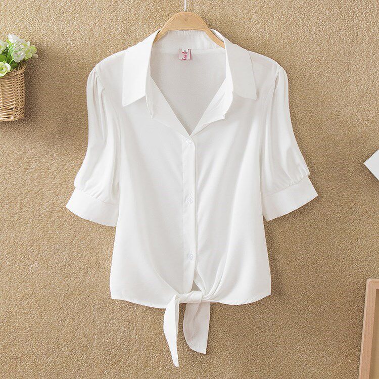 下擺打結短袖雪紡襯衫女生夏季裝2018新款韓版系帶收腰短款襯衣薄在類目 女裝/女士精品, 襯衫中 - 來自Buy2taobao.com提供專業的淘寶代購服務