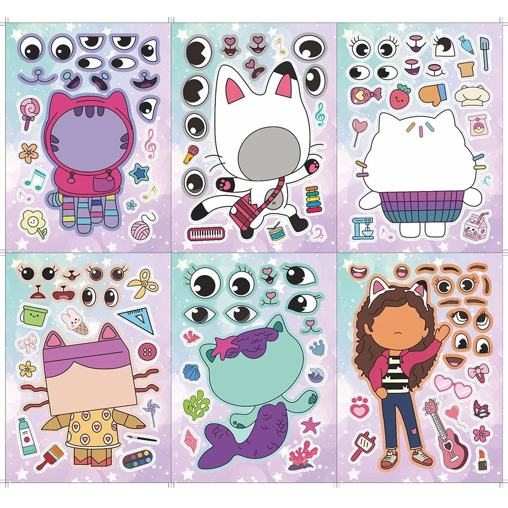 6/12Sheets Gabby's Dollhouse Make A Face Puzzle Stickers Kid-封面