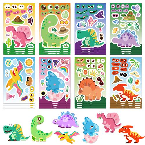 8/16/24Pcs Make a Face Dinosaur Puzzle Stickers Cartoon Asse