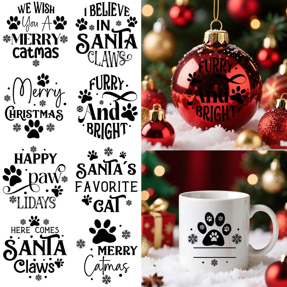 Christmas Cat Black Paw Merry Pets Waterproof Sticker UV DTF