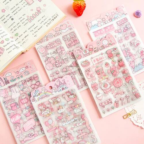 Kawai 4Pcs Pink PET Decorative  Stickers Pack Scrapbooking S