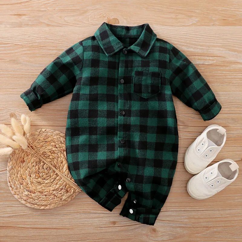 Newborn Baby Boy Clothes Green Plaid Boy Rompers Christmas J