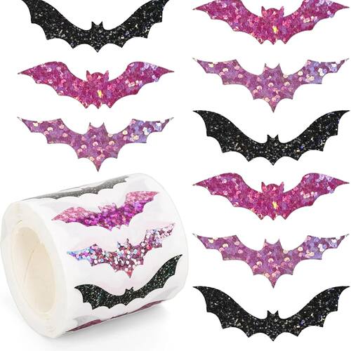 500pcs Halloween Bat Stickers Roll Laser Black Bat Waterproo