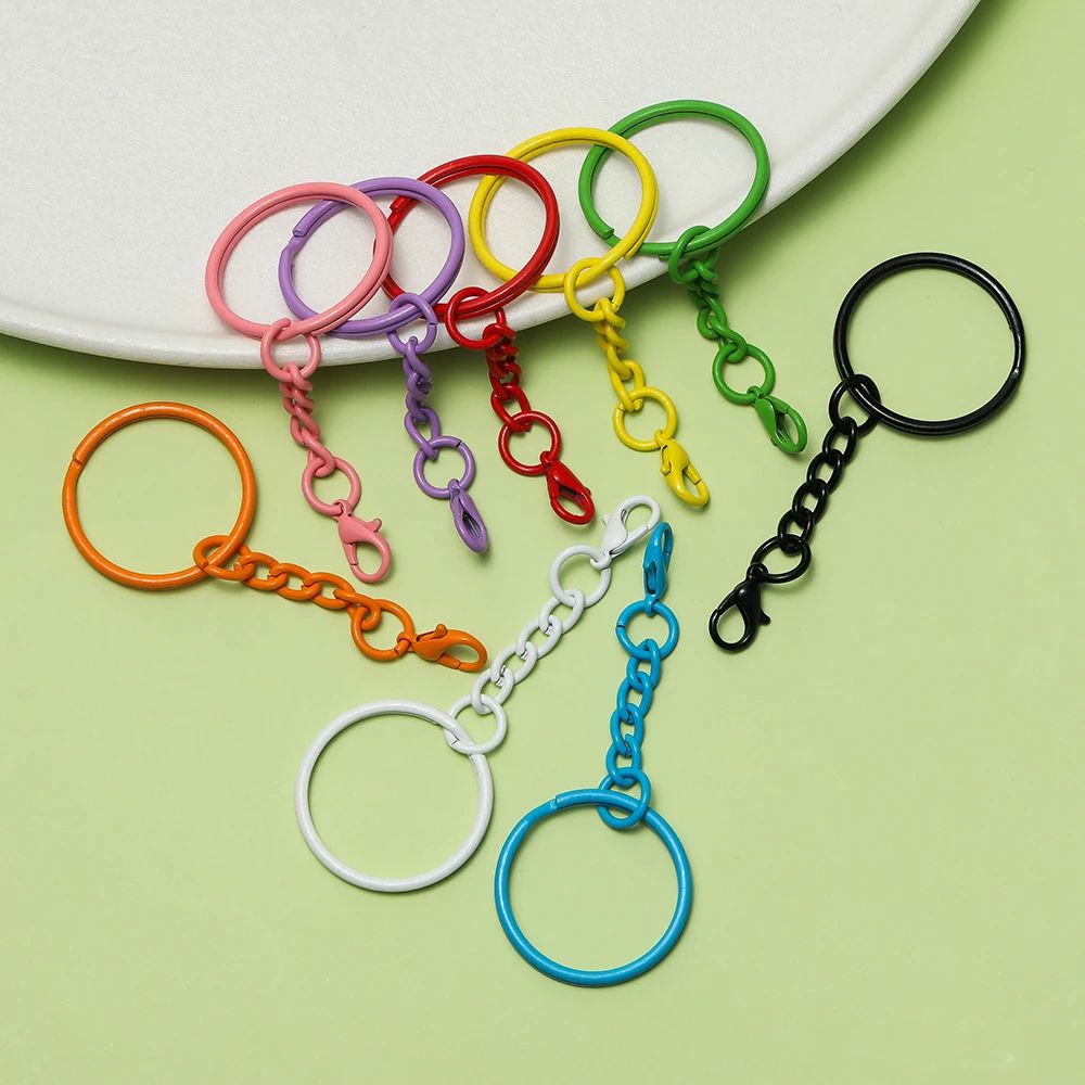 10pcs/Lot 25mm Colorful Keyrings with Chains Lobster Clasps