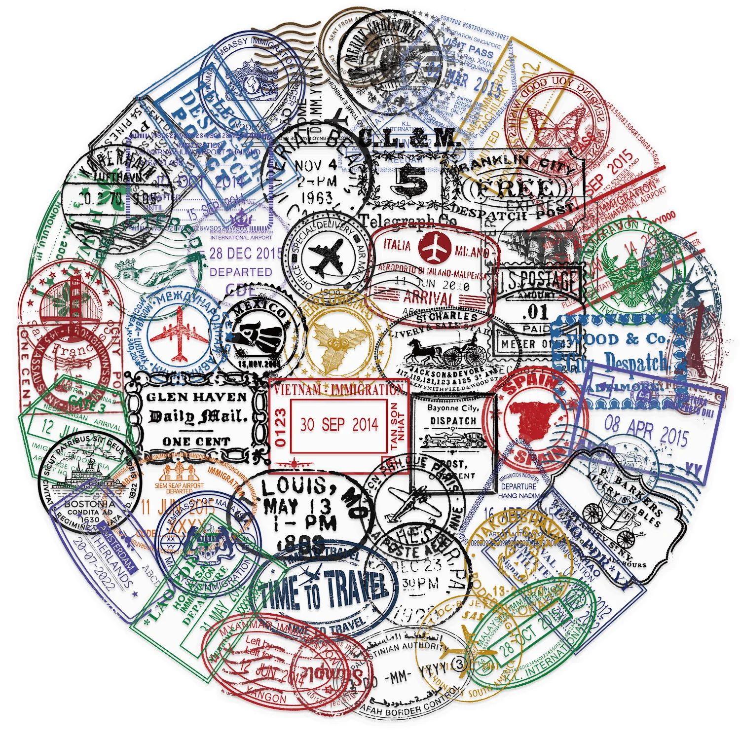 60PCS Postmark Retro Stickers Letterhead Stamp Travel Suitca