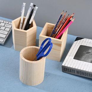 Pencil Holder Office Desk Wood Square/Round/Hexagon Pen Hold