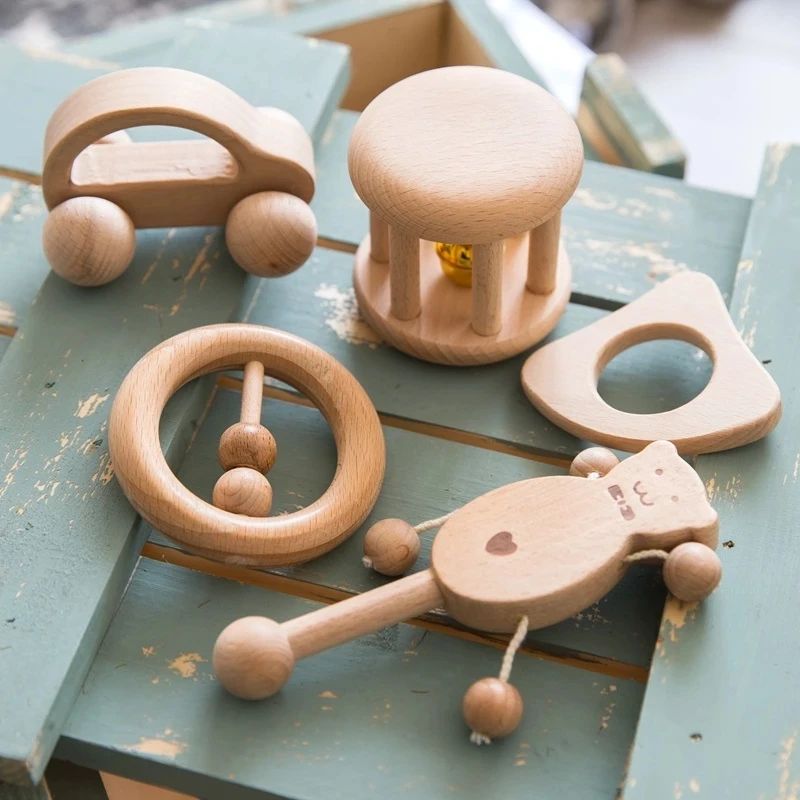 1pc Baby Toy Beech Bear Hand Teething Baby Rattles Wood Ring