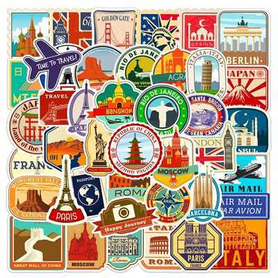 10/25/50pcs Retro World Travel Landmark Stickers Graffiti Vi