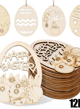 6/12Pcs Easter Egg Wooden Slice Kids DIY Painting Gift Hangi