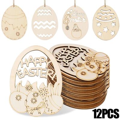 6/12Pcs Easter Egg Wooden Slice Kids DIY Painting Gift Hangi