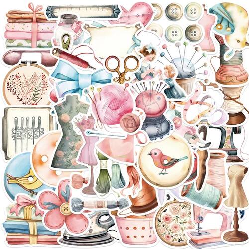 10/30/50PCS Kawaii Pink Sewing PVC Sticker Aesthetic Chidlre