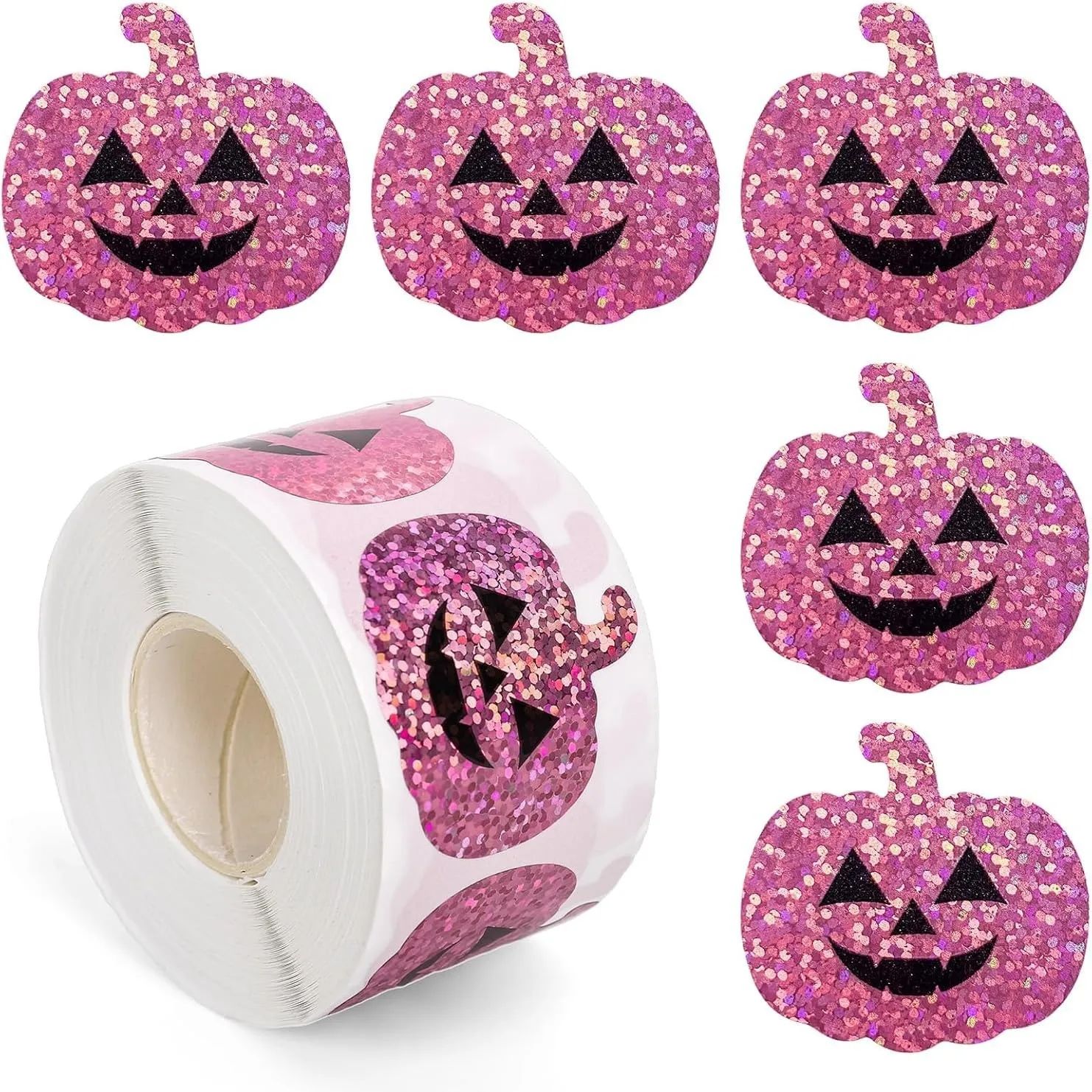 500pcs Halloween Sticker Roll Laser Pink Pumpkin Shape Seale