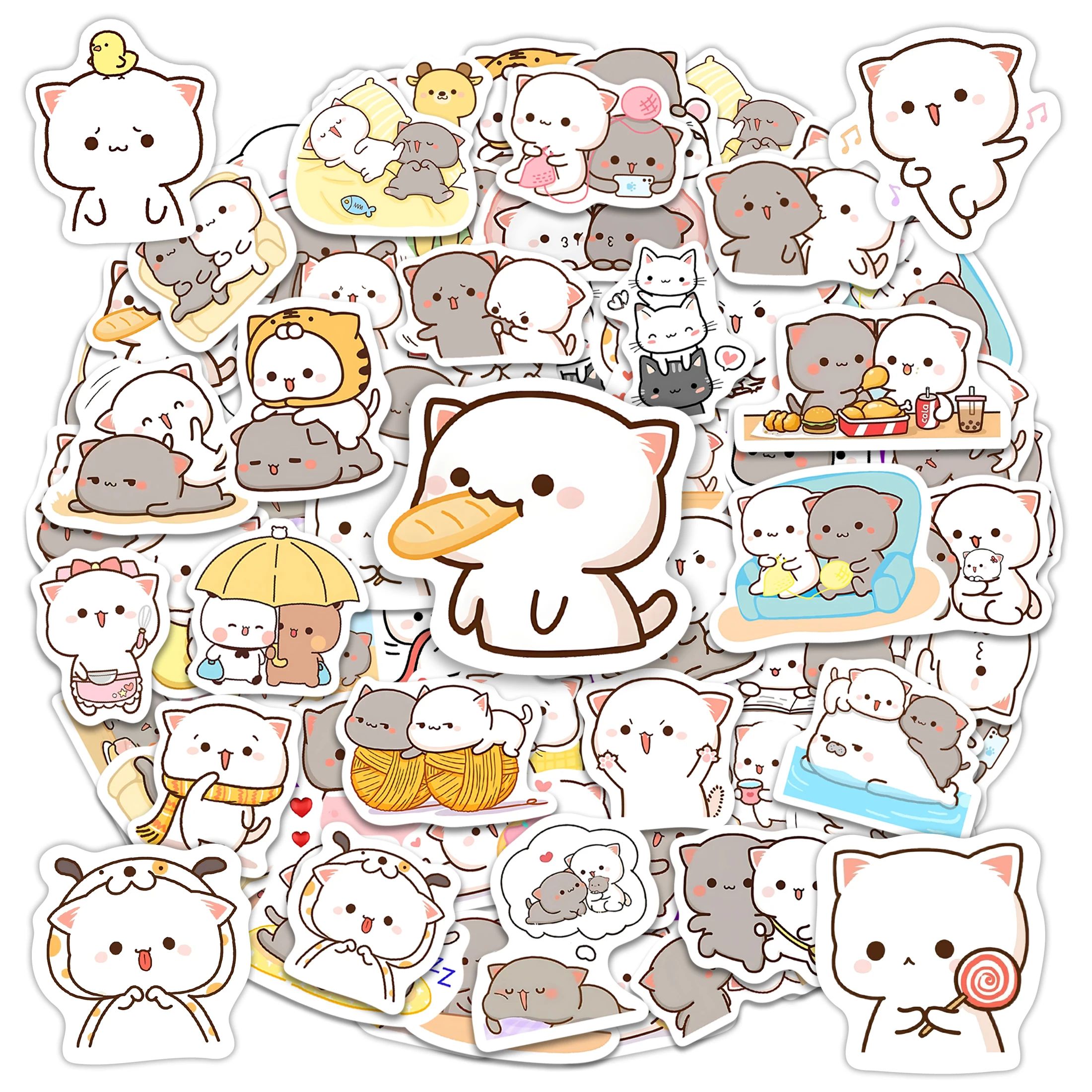 50Pcs Cute Couple Cat Stickers Cartoon Kawaii DIY Gift Decal