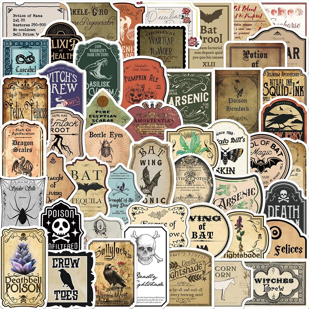 50PCS Halloween Retro Horror Gothic Witch Graffiti Potion La